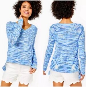 LILLY PULITZER JODY V-NECK SWEATER BLUE PERI HIGH TIDE SPACE DYE XS